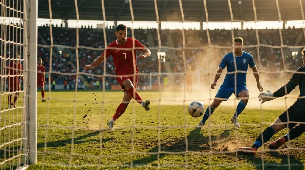 Voetbalwedstrijd op een groen veld met twee teams in actie gezien vanaf de tribune