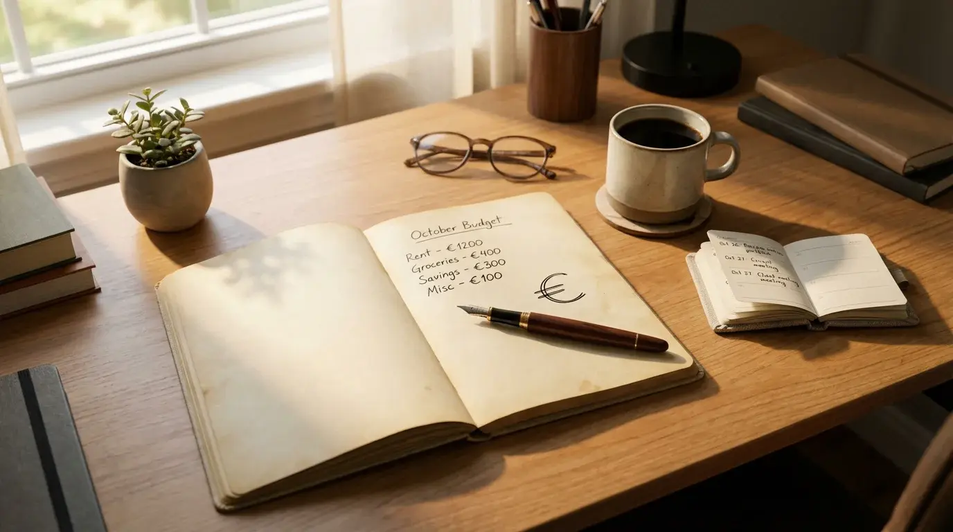 Notitieboekje met een pen op een bureau naast een kop koffie en een open planner