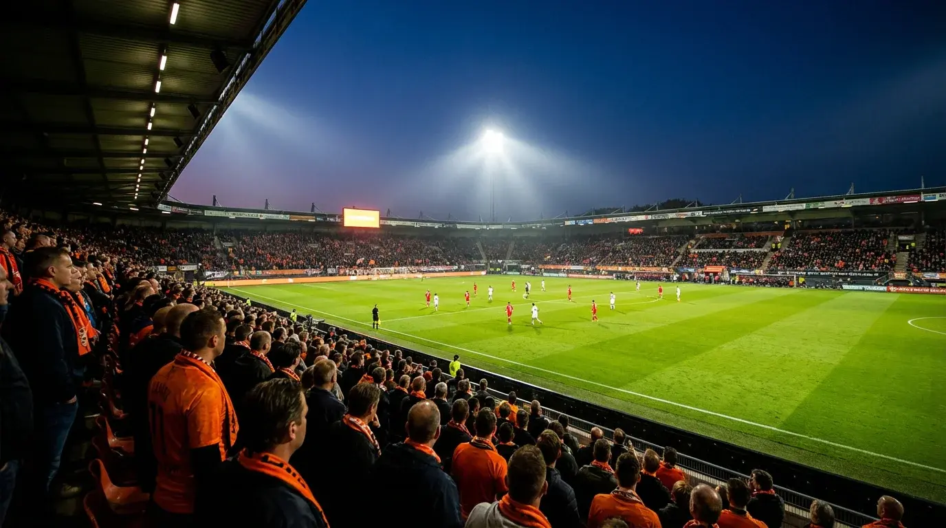 Voetbalstadion in Nederland met wedstrijdbord en supporters op de achtergrond