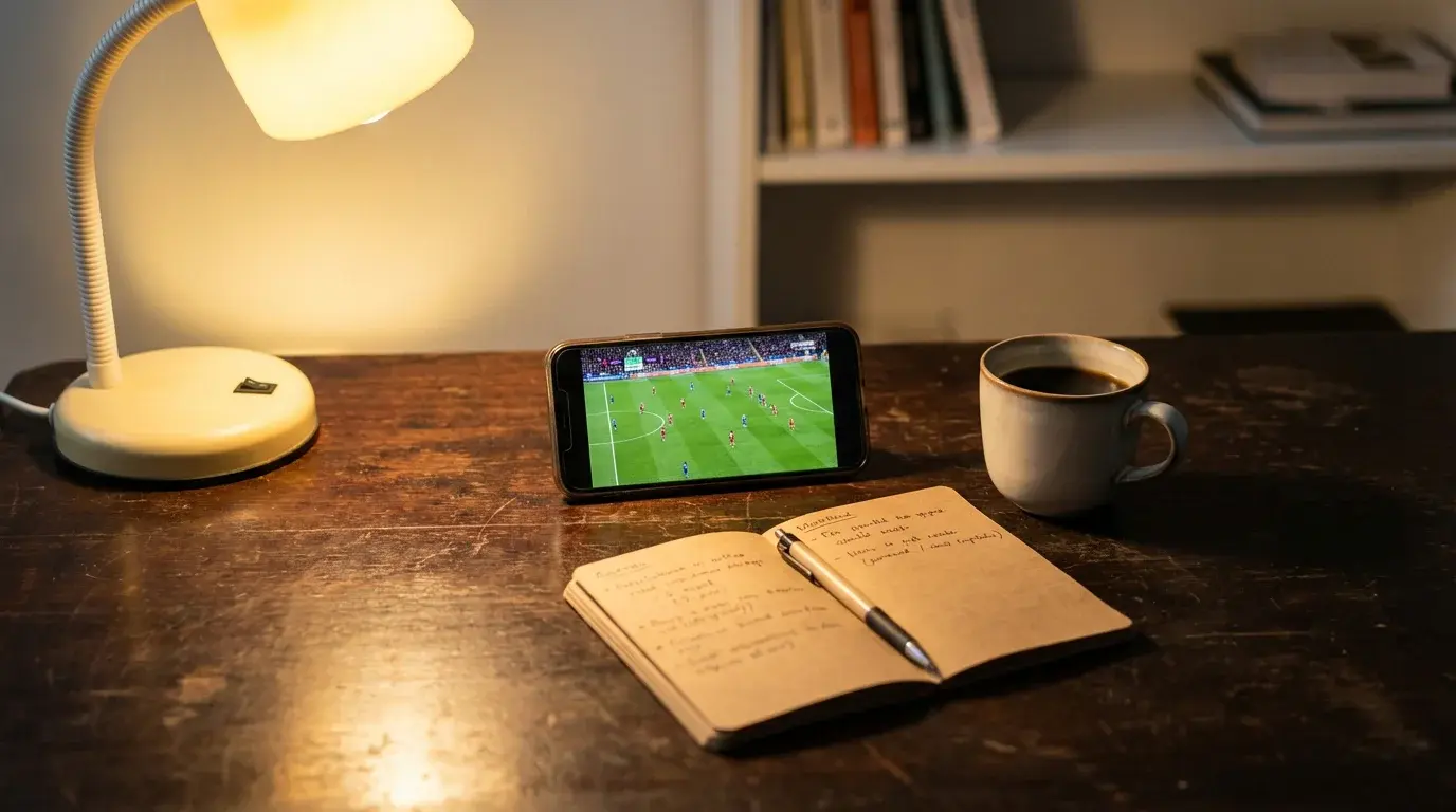 Smartphone met live voetbalwedstrijd op het scherm op een bureau naast een notitieboekje