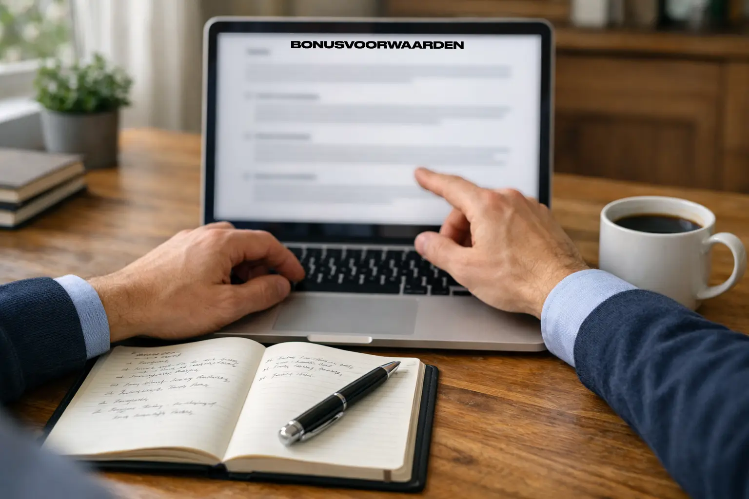 Persoon bestudeert bonusvoorwaarden op laptop met notitieboekje