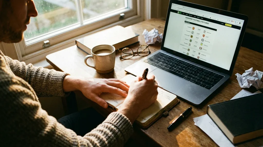 Persoon die aantekeningen maakt in een notitieboekje naast een laptop met voetbalwedstrijden op het scherm