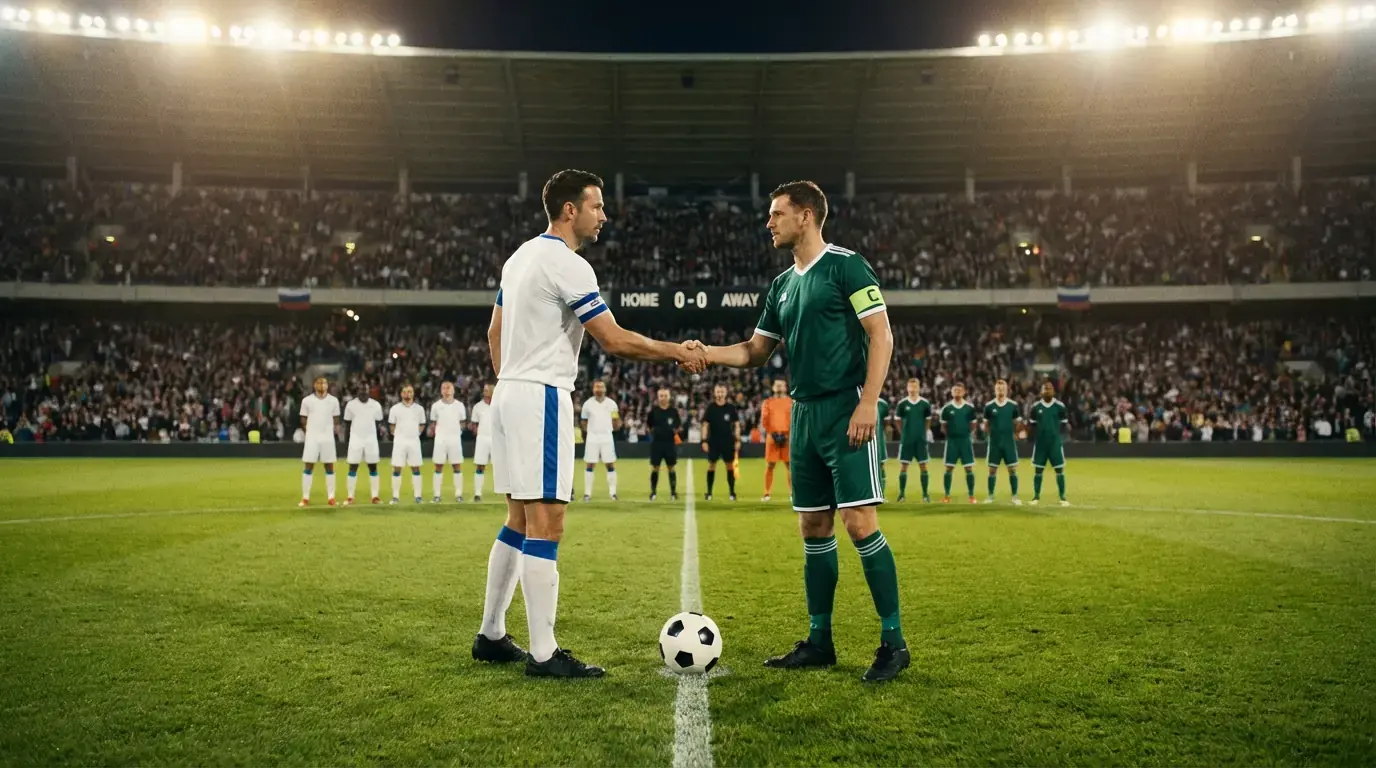 Twee voetbalteams op het veld tijdens een wedstrijd met supporters op de achtergrond