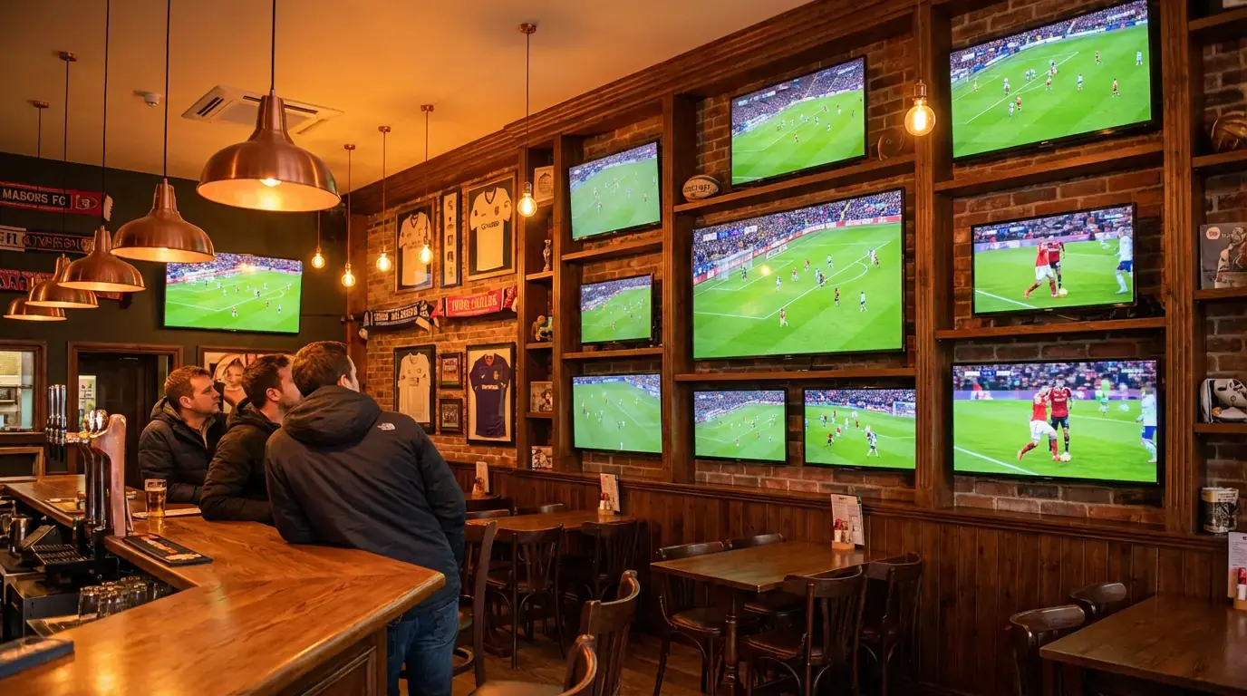 Meerdere voetbalwedstrijden tegelijk op schermen in een sportcafé met warm licht