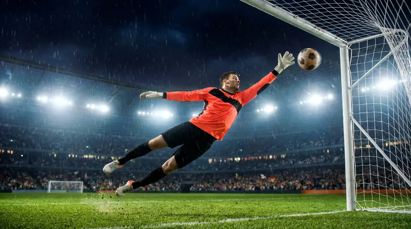 Voetbaldoelman die een bal probeert te stoppen in het doel tijdens een avondwedstrijd