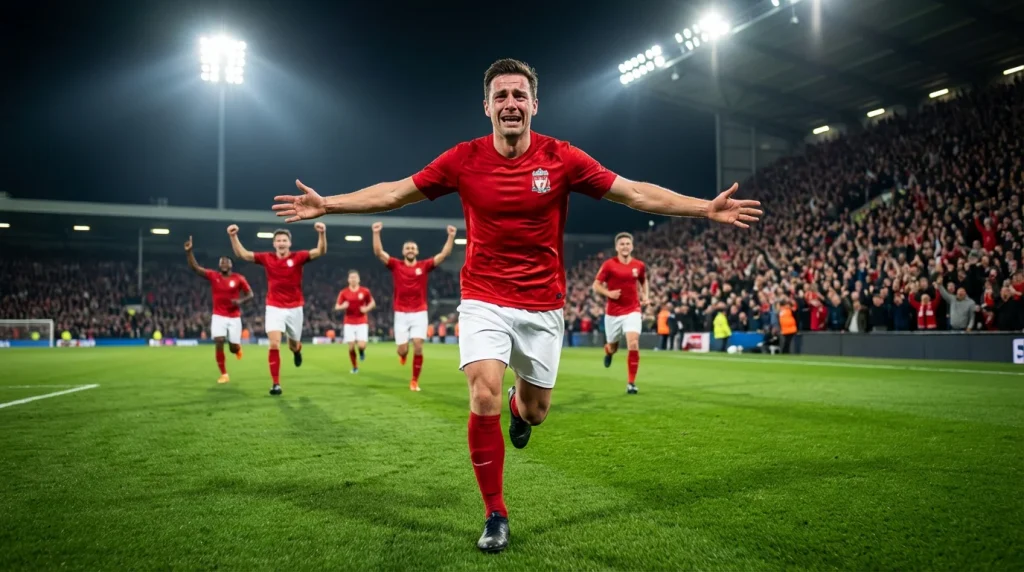 Voetbalspeler die juicht na het scoren van een doelpunt met teamgenoten op de achtergrond