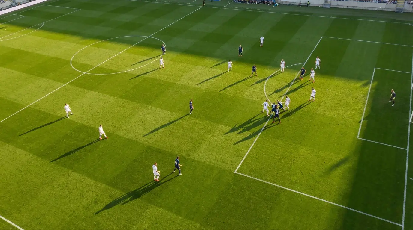 Voetbalveld van bovenaf gezien met spelers in positie tijdens een aanval op het doel