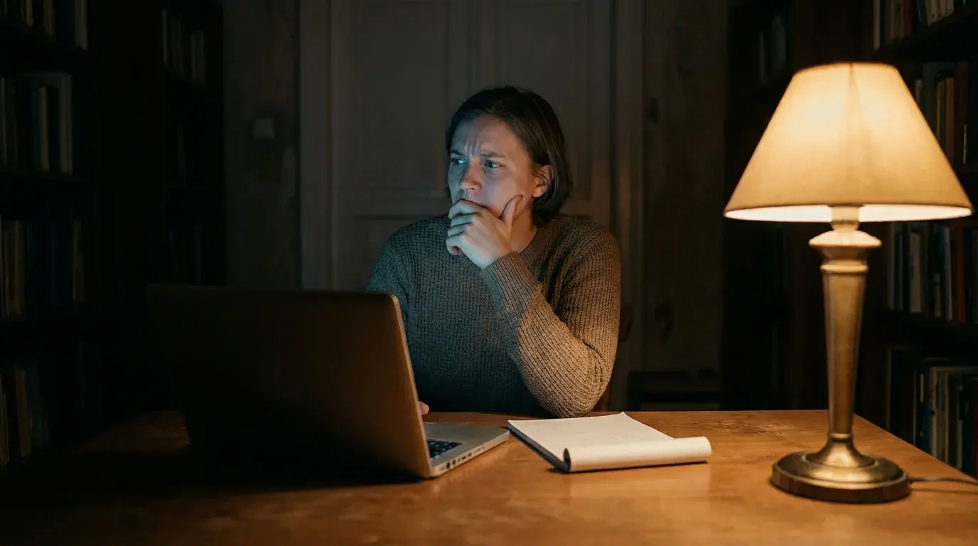 Persoon die nadenkend voor een laptop zit met het hoofd op de hand geleund
