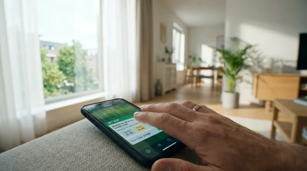 Hand die een smartphone vasthoudt met een voetbalweddenschap op het scherm bij een raam met daglicht