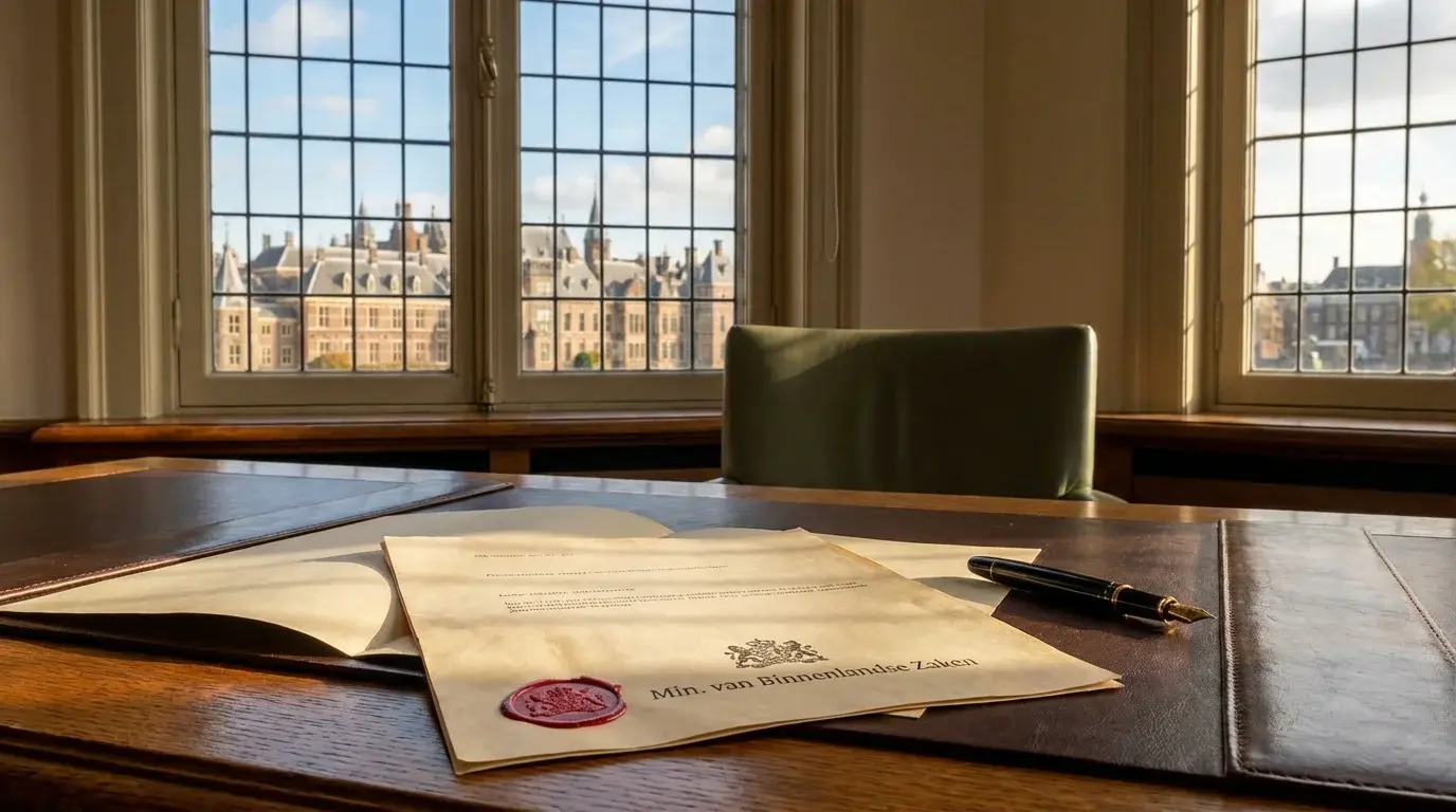 Officieel kantoorgebouw in Den Haag met Nederlands overheidslogo en documenten op een bureau