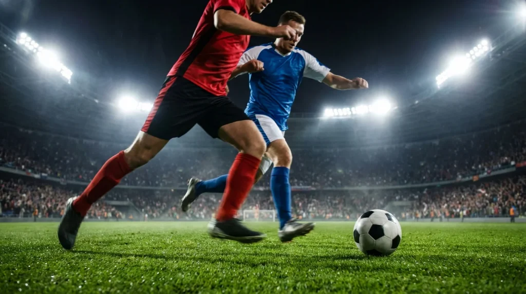 Voetbalwedstrijd in actie op een verlicht veld bij avond met spelers die sprinten naar de bal