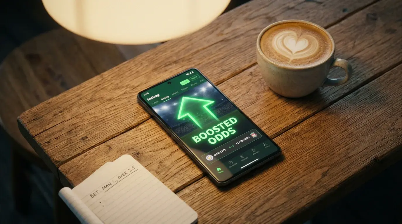 Smartphone op een tafel met een voetbalweddenschap en een groene pijl omhoog op het scherm