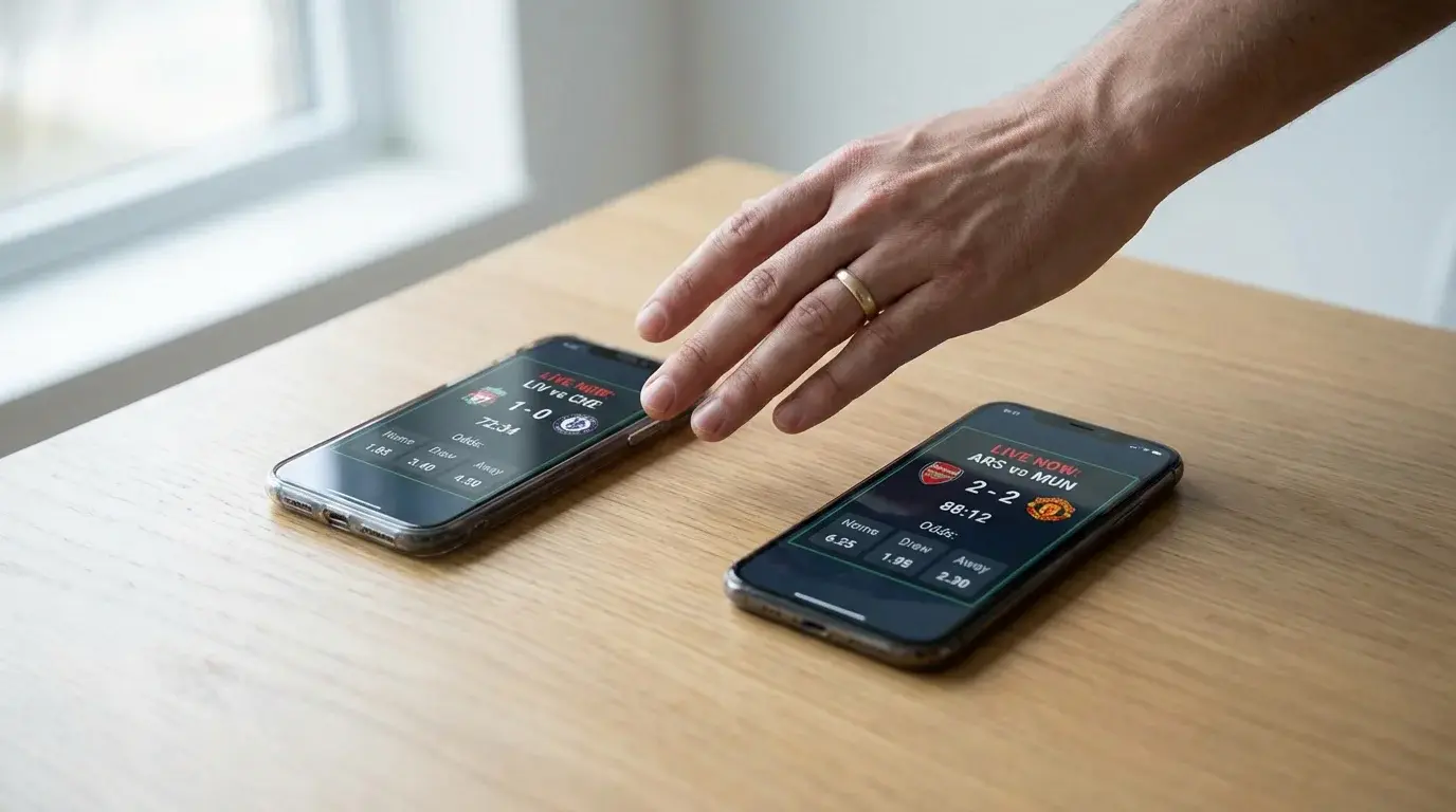Twee smartphones naast elkaar op een tafel met verschillende voetbalwedstrijden op de schermen