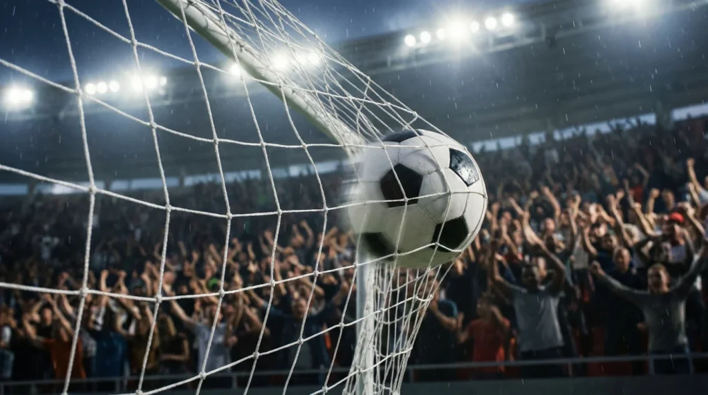 Voetbal die het net raakt bij een doelpunt met het stadion op de achtergrond