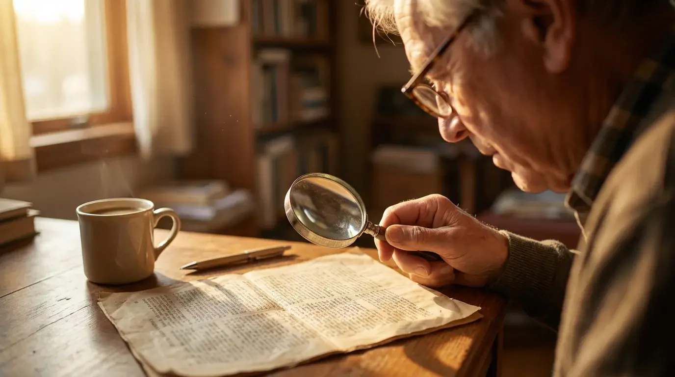 Persoon die met een vergrootglas de kleine lettertjes van een document bestudeert aan een bureau