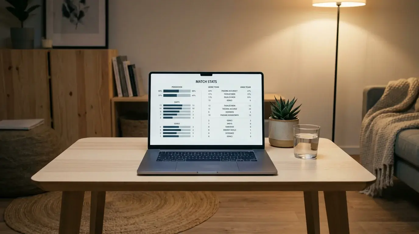 Laptop met voetbalstatistieken op het scherm in een moderne woonkamer met warm licht