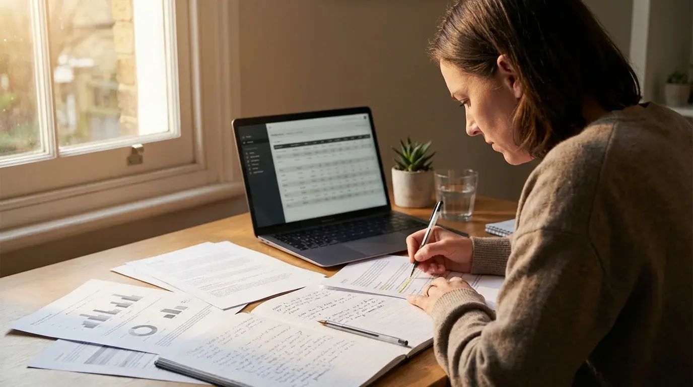Persoon die geconcentreerd aantekeningen maakt bij een bureau met een laptop en documenten