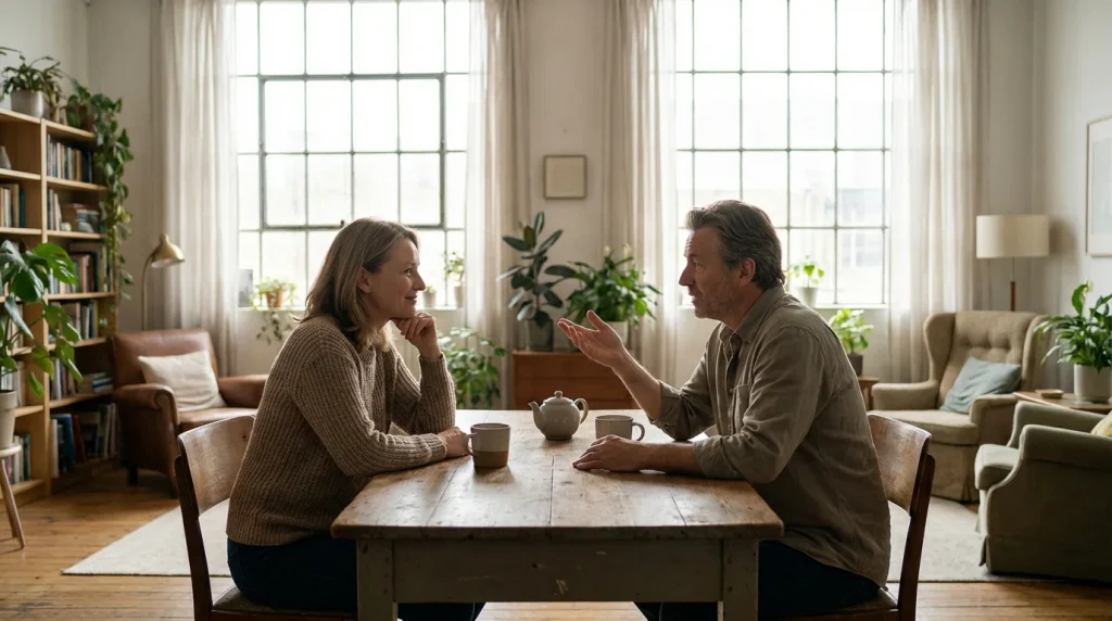 Twee personen in gesprek aan een rustige tafel met koffie in een lichte en warme ruimte