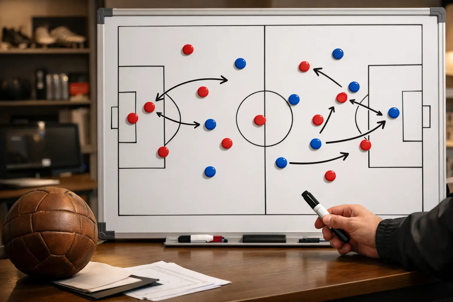 Tactisch voetbalbord met wedstrijdschema en spelersposities