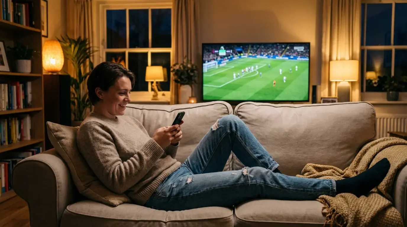 Persoon die ontspannen op een bank zit met een smartphone in de hand en voetbal op televisie