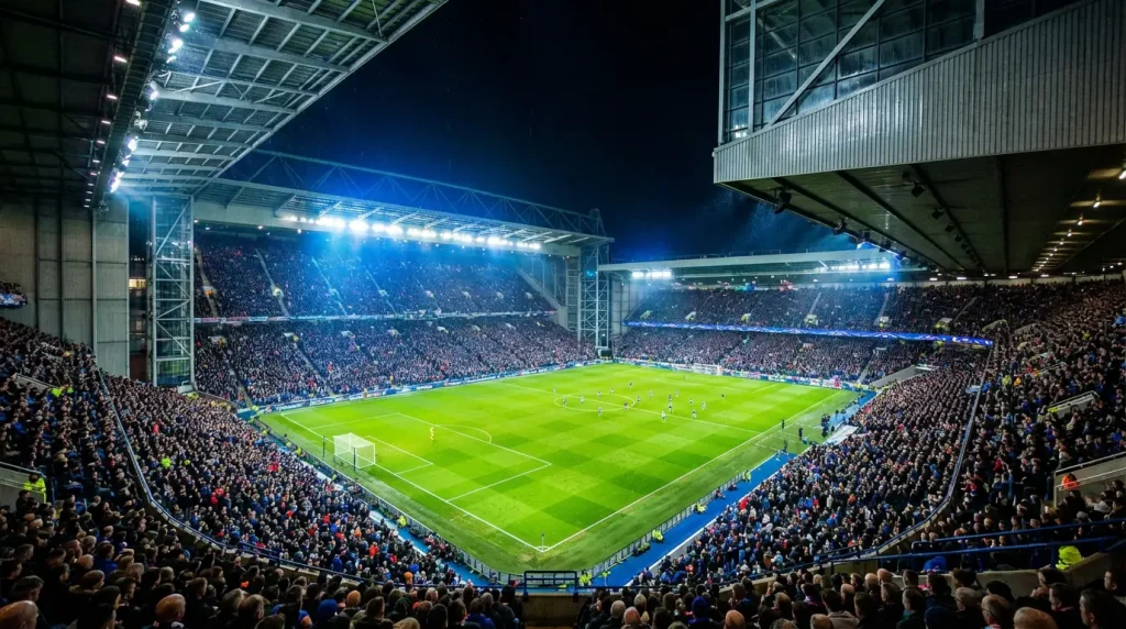 Avondopname van een groot Europees voetbalstadion verlicht door felle lampen tijdens een Champions League-wedstrijd