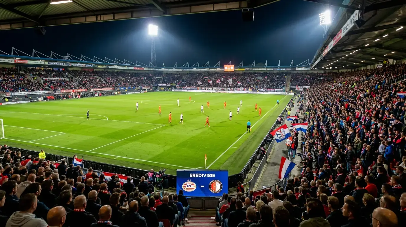 Eredivisie voetbalwedstrijd in een Nederlands stadion met groene grasmat en volle tribunes