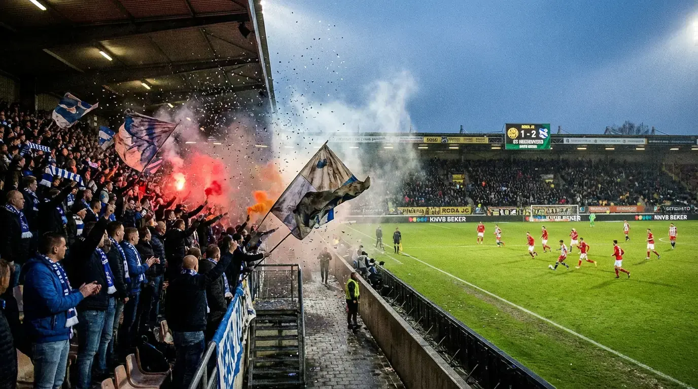 Voetbalwedstrijd in een kleiner stadion met enthousiaste supporters en een bekersfeertje onder floodlights