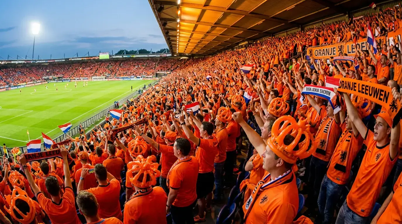 Oranjefans met sjaals en shirts op de tribune van een groot voetbalstadion tijdens een interland